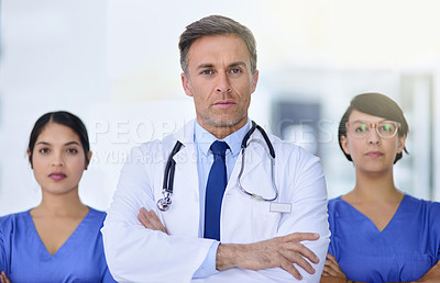 Buy stock photo Teamwork, hospital and portrait of doctors with crossed arms for medical service, insurance or collaboration. Professional, healthcare and man and women in clinic for wellness, medicare or consulting