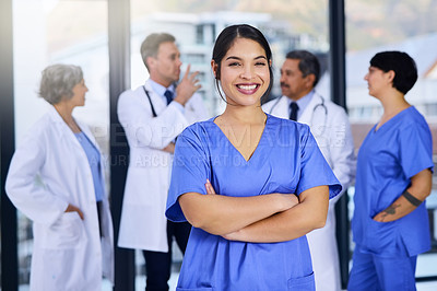 Buy stock photo Team, hospital and portrait of nurse with crossed arms for medical service, insurance or collaboration. Professional, healthcare student and woman in clinic for wellness, medicare and consulting