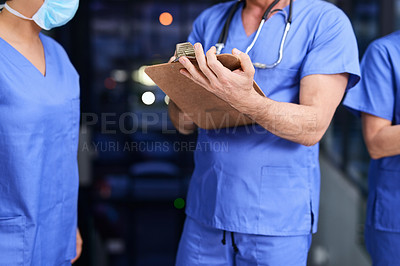 Buy stock photo Hospital, clipboard and hands of nurse team for medical service, writing notes and diagnosis results. Healthcare, clinic and men and women with checklist for research, planning and surgery schedule