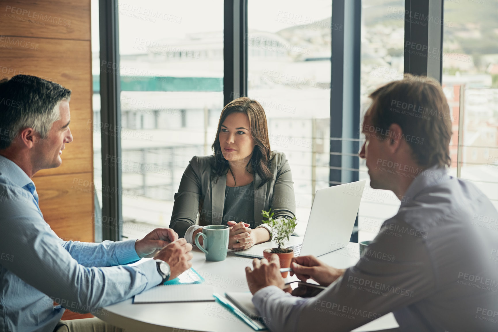 Buy stock photo Meeting, talking and planning of business people in office for teamwork, management ideas and professional brainstorming. Manager, woman employee and clients listening, speaking or advice for project