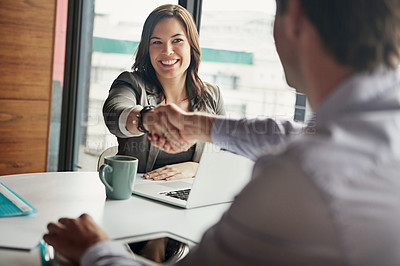 Buy stock photo Business people, handshake and welcome for tech meeting, partnership deal and employee collaboration. Hello, thank you and corporate workers shaking hands for teamwork, onboarding or b2b interview