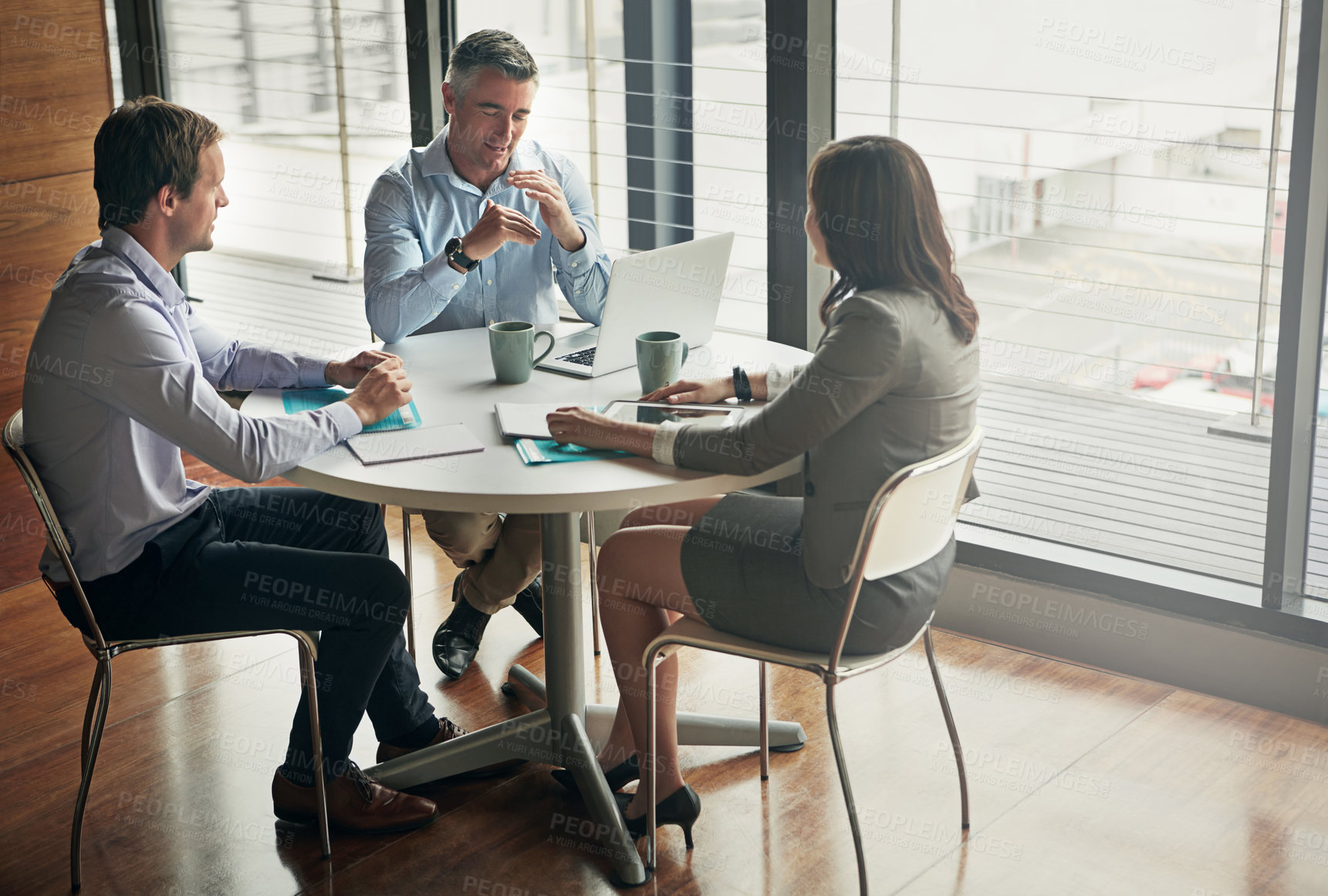 Buy stock photo Business people, manager and meeting planning, target increase and workflow ideas and management on computer. Professional woman, men employees and boss talking, listening and collaboration on laptop