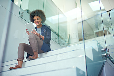 Buy stock photo Business woman, happy and tablet on stairs in office for  research, online search or social media. Female person, smile and professional with tech working on company report, blog post or web design