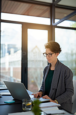 Buy stock photo Lawyer, law firm and woman with laptop for legal planning, policy review or feedback on visa status in office. Attorney, immigration and person with tech for networking, online or asylum seekers aid