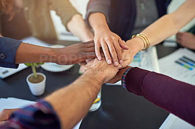 Buy stock photo Group, meeting or business people with hands in stack for mission goal, collaboration or teamwork. Cooperation, community or top view of employees in office with support, solidarity or motivation