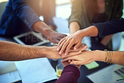 Buy stock photo Paperwork, meeting or business people with hands in stack for mission goal, collaboration or teamwork. Cooperation, community or top view of employees in office with support, solidarity or motivation