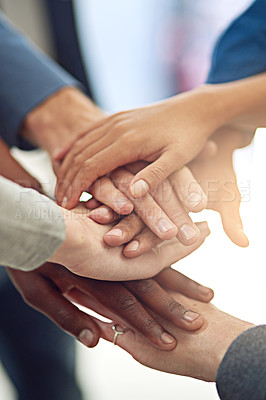 Buy stock photo Business people, team and huddle for hands in stack, community and support or unity. Colleagues, pile and agreement in collaboration or alliance in workplace, solidarity and partnership in office