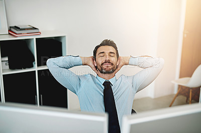 Buy stock photo Business man, relax and stretching at office desk for information technology, software or programming solution. Programmer or web developer on a break, done or dreaming of future career opportunity