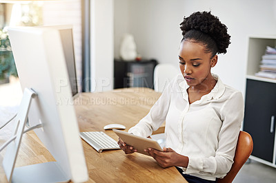 Buy stock photo Business, computer and black woman with tablet in office for creative, design or idea, search and inspiration. Pc, research and website designer with digital, app or planning, typing or checklist
