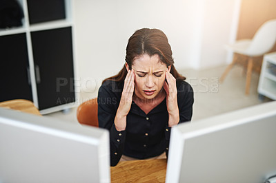 Buy stock photo Business woman, computer and headache in office for information technology, software or online programming. Programmer or web developer with pain, migraine or stress for app crash, error or mistake