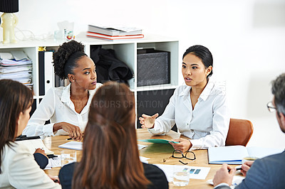 Buy stock photo Business people, meeting and discussion with planning for finance with annual strategy, statistics and documents. Teamwork, paperwork or diversity with talking, brainstorming or infographic in circle