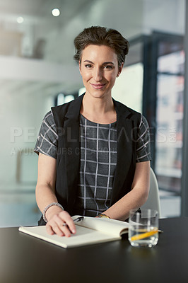 Buy stock photo Woman, portrait and office with notebook for creative career as scriptwriter, copywriter and editor for designer company. Female employee, book and notes for daily schedule or journal for planning.