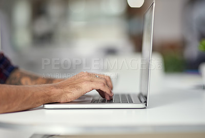 Buy stock photo Closeup, laptop and employee on desk in office for business, company and organization in workspace. Man, copywriter and technology for typing on deadline for editor in magazine, agency or publication