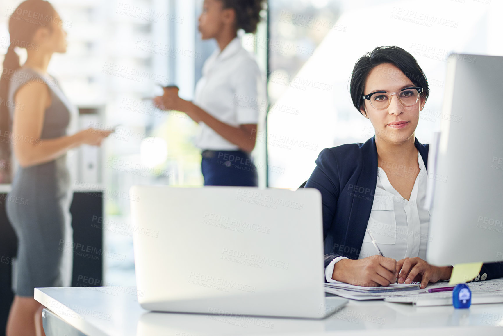 Buy stock photo Businesswoman, office and notes at desk with laptop for career with records or tech for work. Administration, planning and busy in company for management, feedback and online research with computer