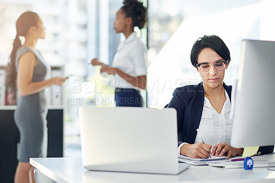 Buy stock photo Businesswoman, working and computer in office, writing notes and laptop. Workplace, corporate and signing document at her desk or planning, professional and strategy for comparing, ideas and tech