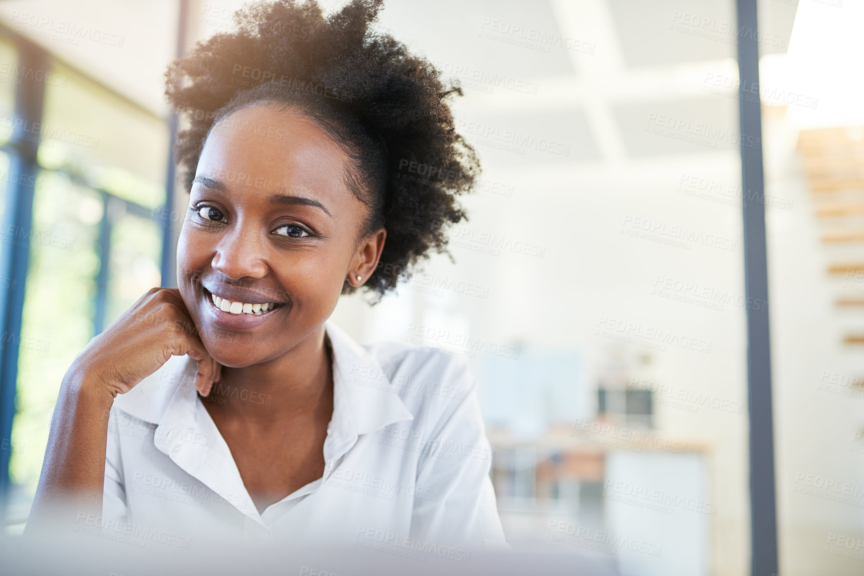 Buy stock photo Portrait, happy and black woman in office, smile and confidence for project, editor and corporate. Public relations, review and proofreading of articles, proposal and startup for company and work