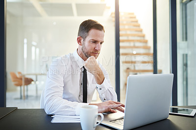 Buy stock photo Man, laptop and thinking in office on idea, accountant and reading digital report on budget. Male person, employee and online research on economy growth, contemplating investment and planning at desk