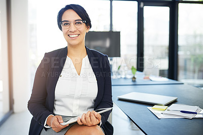 Buy stock photo Portrait, tablet and woman in office, desk and confidence for project, editor and corporate. Public relations, review and proofreading of articles, technology and online for company and proposal