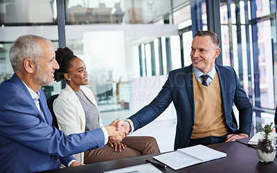 Buy stock photo Businesspeople, meeting or office with smile and shaking hands for deal, thank you for global sales. Group, workplace or handshake with happiness and paperwork for international, b2b or collaboration