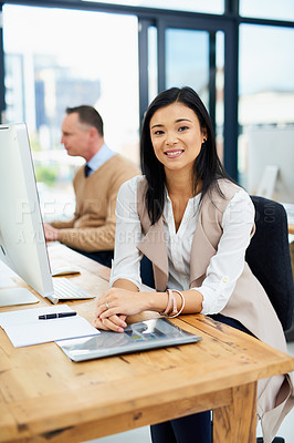 Buy stock photo Portrait, businesswoman and smile in office, desk and computer. Asian woman, corporate and company for human resources and professional or workspace, confident and paperwork in planing, technology
