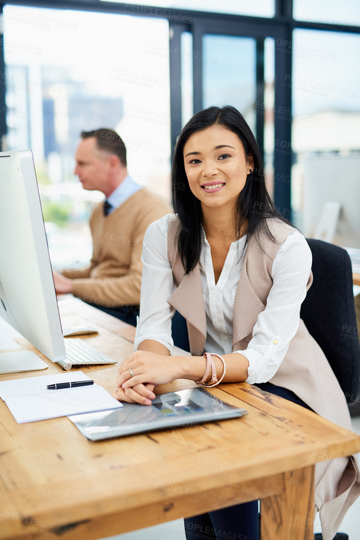 Buy stock photo Portrait, businesswoman and smile in office at desk with computer and Asian HR manager for corporate. Human resources, company and professional in coworking space, confident and resume for interview 