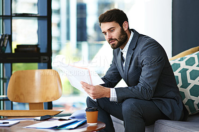 Buy stock photo Businessman, lawyer and reading with documents at office for case, review or legal strategy. Man, employee or attorney checking paperwork for insurance policy, contract or law research at workplace