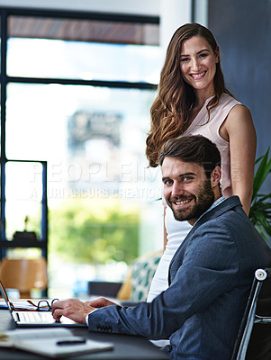 Buy stock photo Portrait of businesspeople working together on a laptop in a modern office