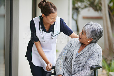 Buy stock photo Senior woman and wheelchair at nursing home with carer for assistance in closeup, help at clinic. Disabled retiree and medical or outdoors for talk or plan for healthcare, conversation with nurse