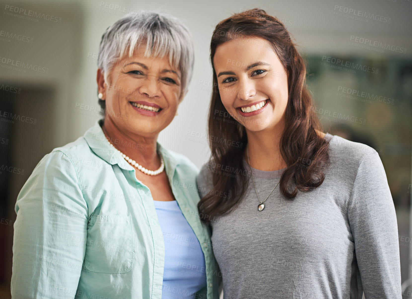 Buy stock photo Portrait, senior woman and daughter in house with love for relationship, Mother's Day and support. Smile, happy and face of mature parent with girl in home for quality time, retirement and together
