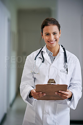 Buy stock photo Clipboard, smile and portrait of doctor with results in hospital, clinic and wellness facility for health in medical career. Female person, cardiologist and healthcare professional with documents