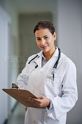 Buy stock photo Clipboard, woman and portrait of doctor with results in hospital, clinic and wellness facility for health in medical career. Female person, cardiologist and healthcare professional with happiness