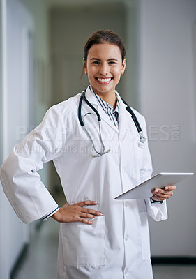 Buy stock photo Healthcare, portrait and woman with tablet for telehealth, research or online consultation in hospital. Smile, stethoscope and female doctor with technology for support, wellness and medical care