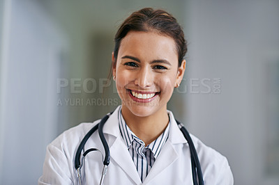 Buy stock photo Smile, woman and portrait of doctor in hospital with positive, good and confident attitude. Happy, pride and face of professional female healthcare worker with medical career in medicare clinic.