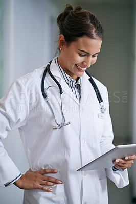 Buy stock photo Healthcare, happy and woman doctor with tablet for telehealth, research or online consultation in hospital. Smile, stethoscope and physician with technology for support, wellness and medical care
