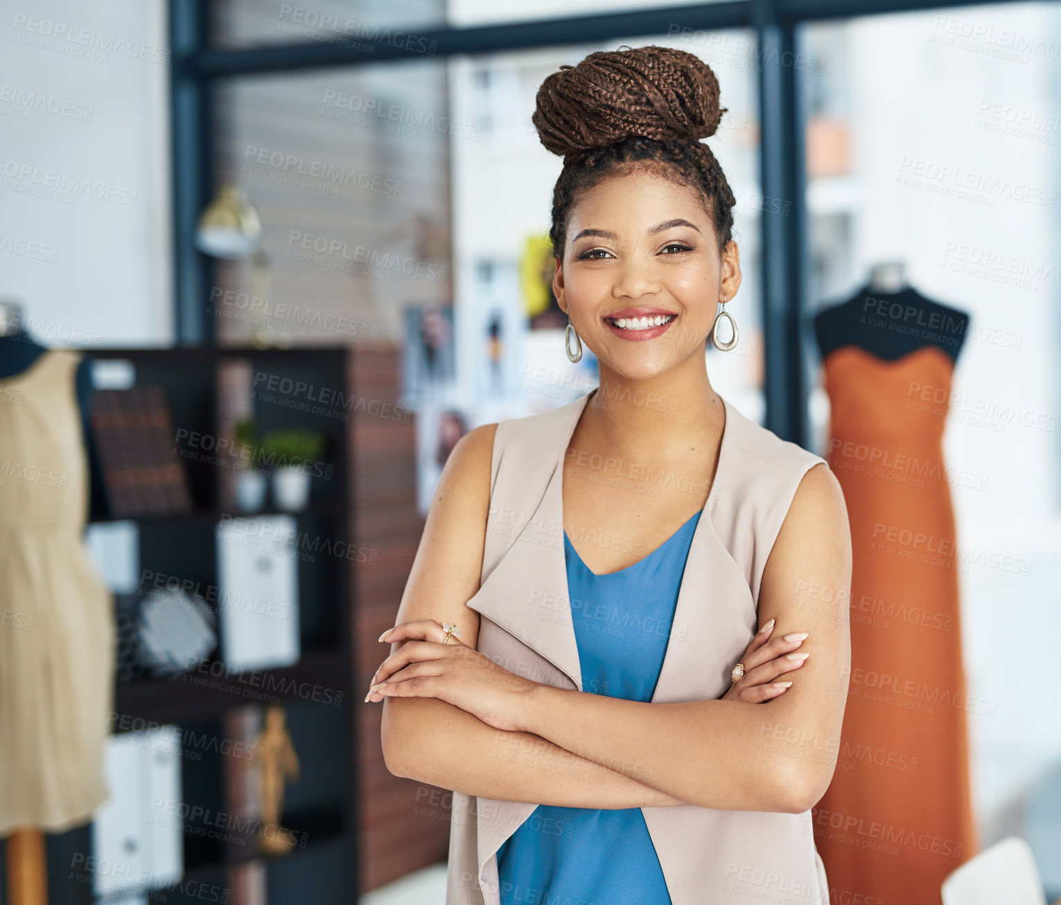 Buy stock photo Fashion, designer and portrait of happy African woman with small business and tailor work at boutique. Creative, workshop and design studio with arms crossed and confidence of clothes shop owner