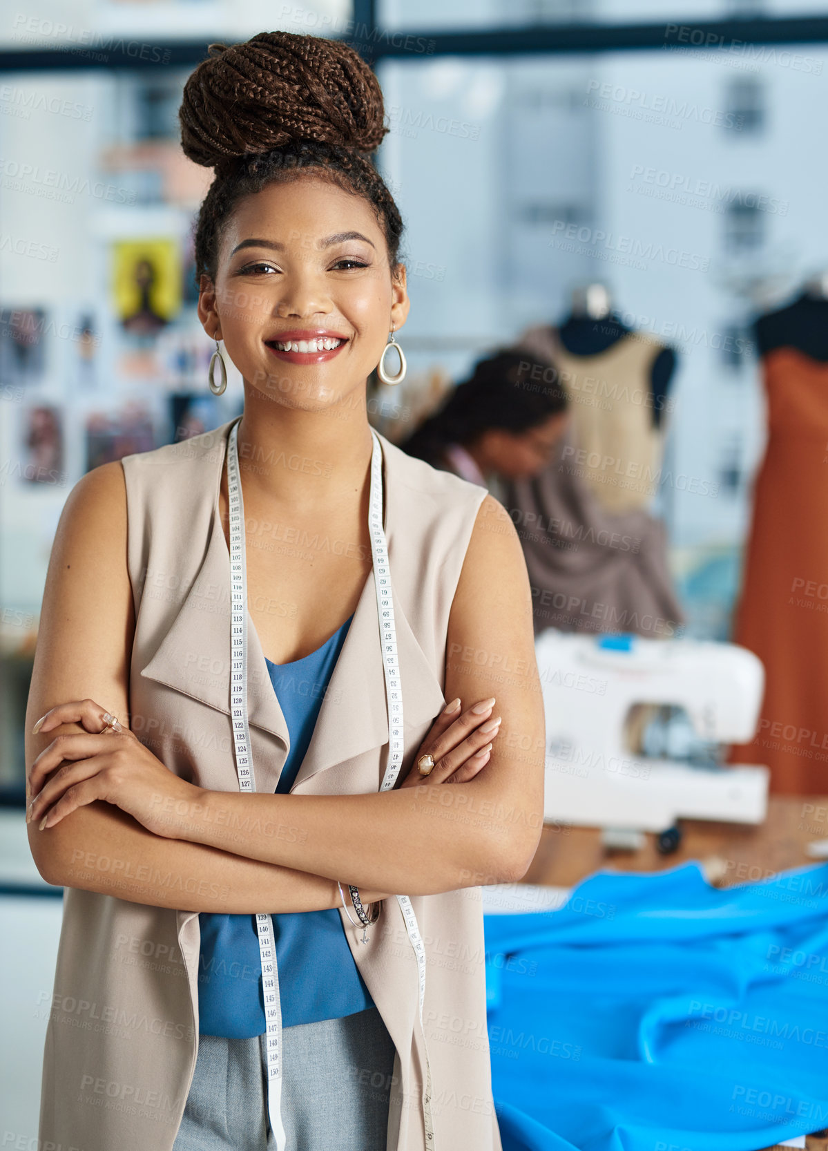 Buy stock photo Fashion, tailor and designer portrait of African woman with small business and store work at boutique. Creative, workshop and design studio with arms crossed and confidence of clothes shop owner