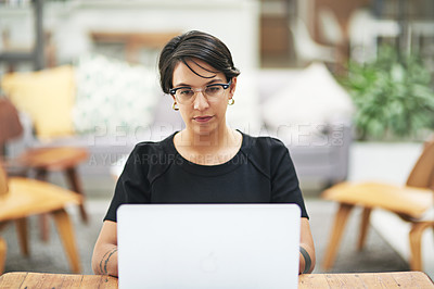 Buy stock photo Business woman, office and laptop at desk with work for administration, planning or online research. Female person, corporate and job with technology for networking, schedule or digital policy review