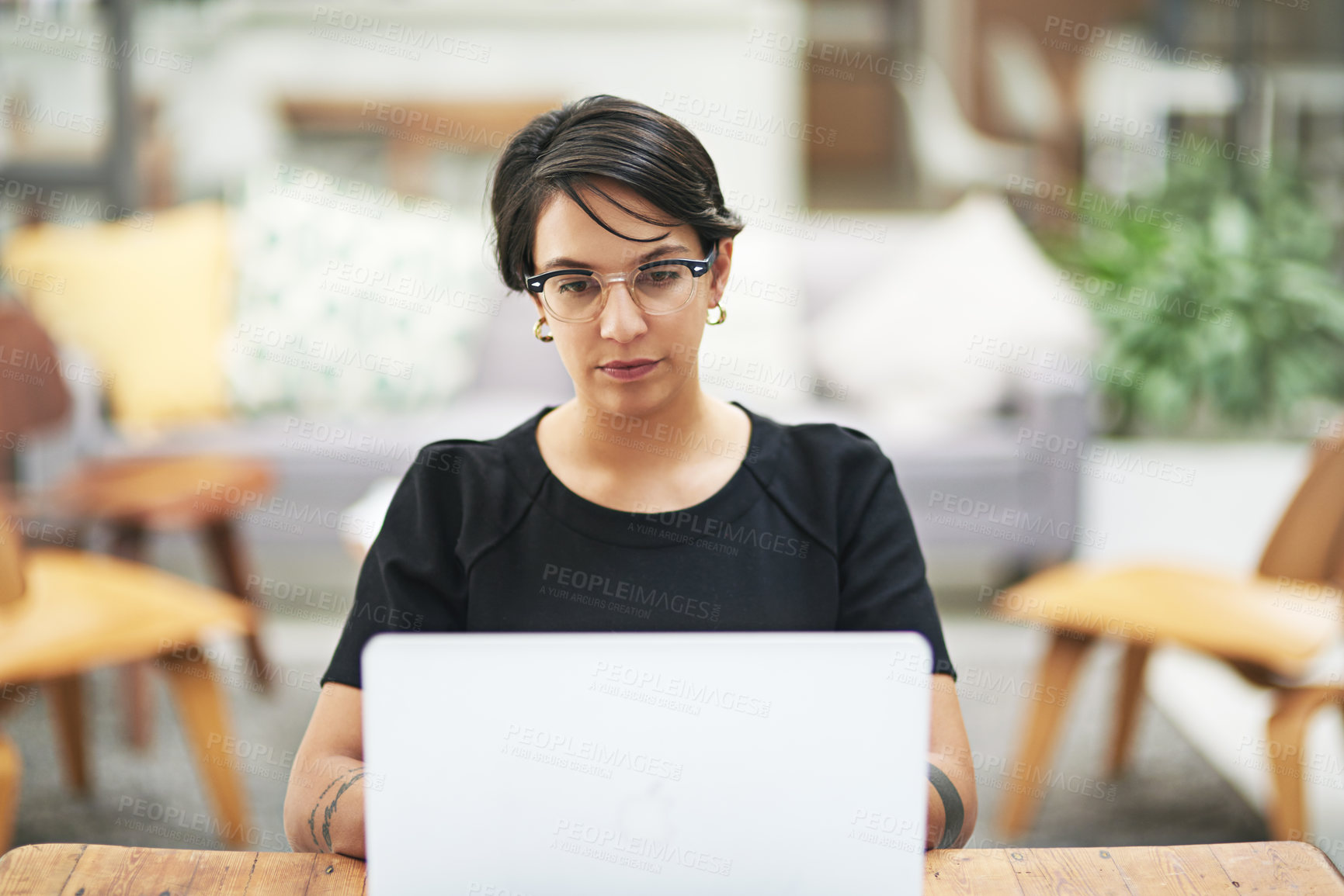 Buy stock photo Business woman, office and laptop at desk with work for administration, planning or online research. Female person, corporate and job with technology for networking, schedule or digital policy review