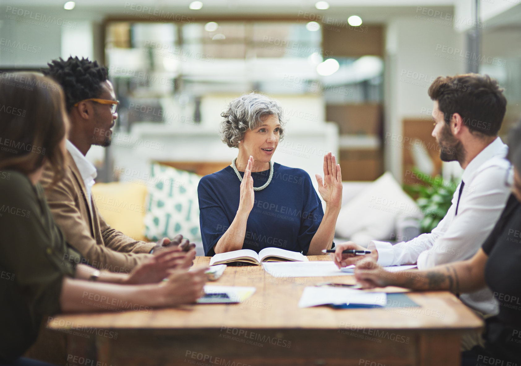 Buy stock photo Business people, teamwork and meeting with conversation, diversity and communication with planning. Staff, manager and employees with cooperation and feedback for company growth and project launch