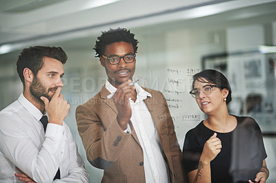 Buy stock photo Business people, thinking and teamwork on glass with brainstorming ideas for project workflow. Accountant group, staff and leader writing goals, objectives and planning solution or problem solving