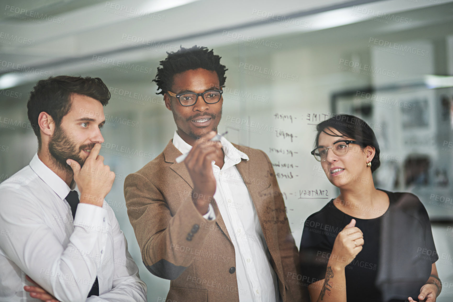 Buy stock photo Business people, thinking and teamwork on glass with brainstorming ideas for project workflow. Accountant group, staff and leader writing goals, objectives and planning solution or problem solving