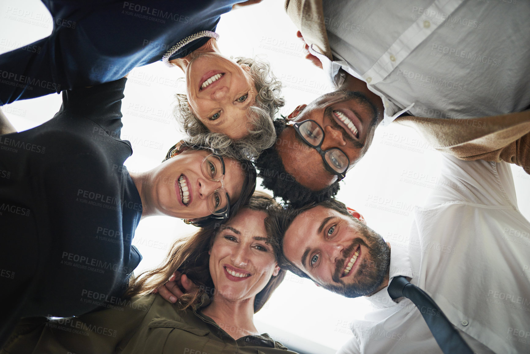 Buy stock photo Business people, huddle and face with smile together for company support, trust and collaboration. Happy and diverse group circle with team building for success with corporate mission or target