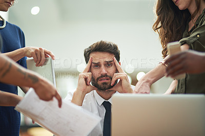Buy stock photo Stress, chaos and business man with headache for documents, report and office crisis, risk or worry. Worker, auditor or accountant for multitasking, deadline and bad time management with people hands