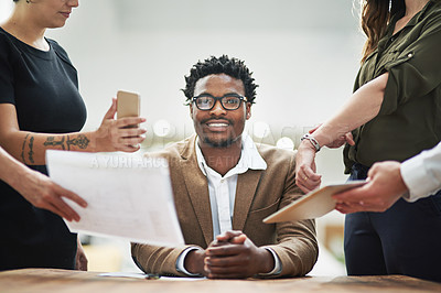 Buy stock photo Business man, chaos and colleagues in portrait with documents for crisis in workplace or calm in stress. Male person, coworkers and smile with papers for teamwork, mentorship or leadership in office