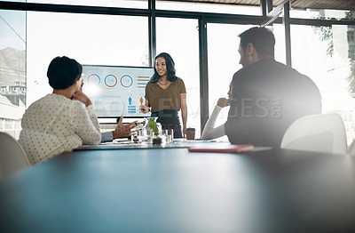 Buy stock photo Cropped shot of a businesswoman giving a presentation in the boardroom
