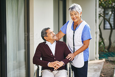 Buy stock photo Senior, man and wheelchair at retirement home with nurse for medical, health and wellness care by caregiver. Happy, male person and patient for support, therapy and rehab with Medicaid services 