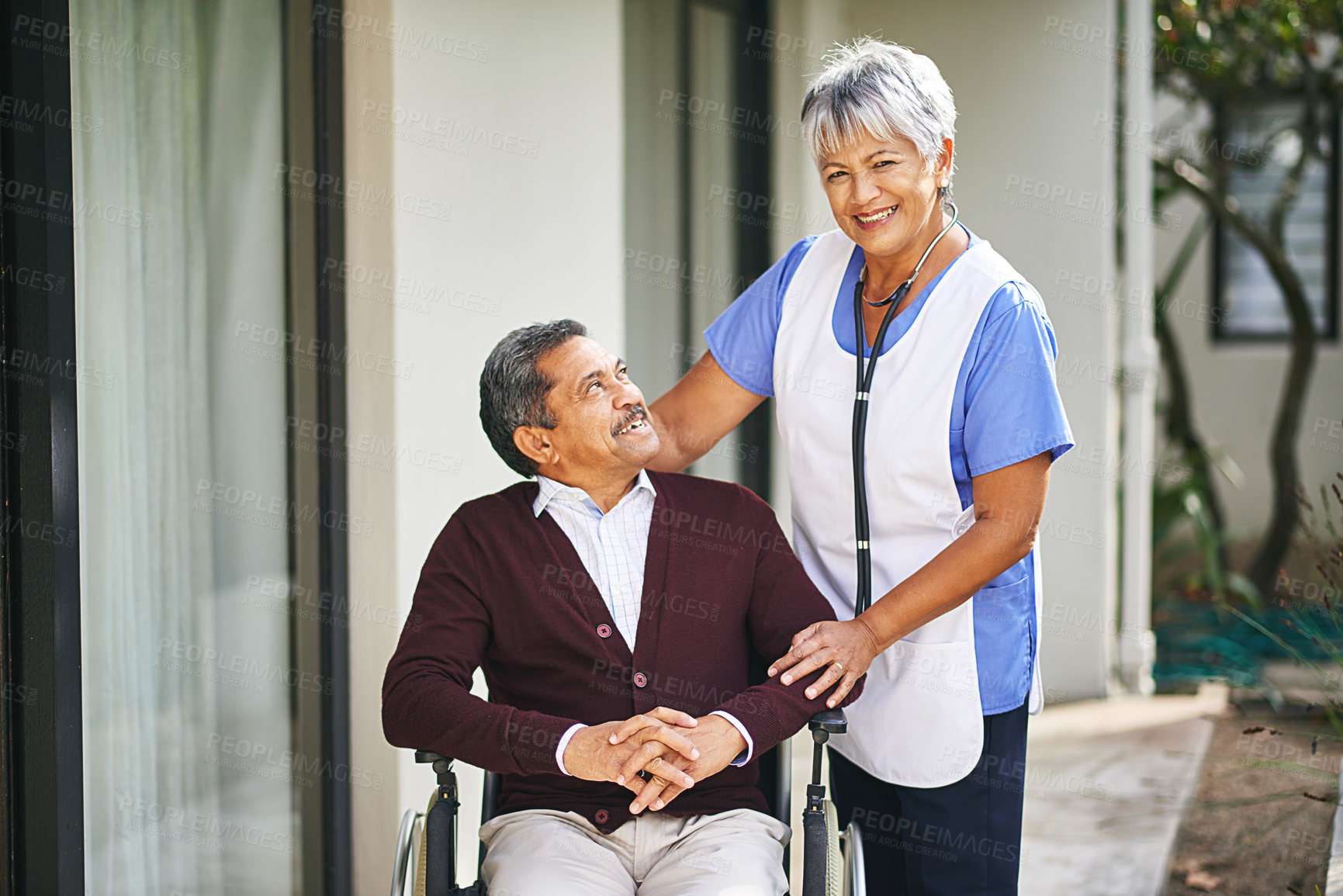 Buy stock photo Senior, man and wheelchair at retirement home with nurse for medical, health and wellness care by caregiver. Happy, male person and patient for support, therapy and rehab with Medicaid services 