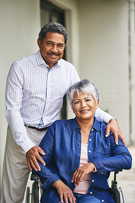 Buy stock photo Senior woman, man and wheelchair at house for disability, support and medical rehabilitation. Old husband, wife and retirement at home for elderly care, health and support for wellness and empathy.
