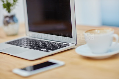 Buy stock photo Still life shot of a laptop at a workstation in an office