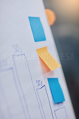 Buy stock photo Sticky note, data and board with graph, business or planning in office with bokeh. Paper, closeup and whiteboard with chart for analysis, statistics and memo for brainstorming info on empty label